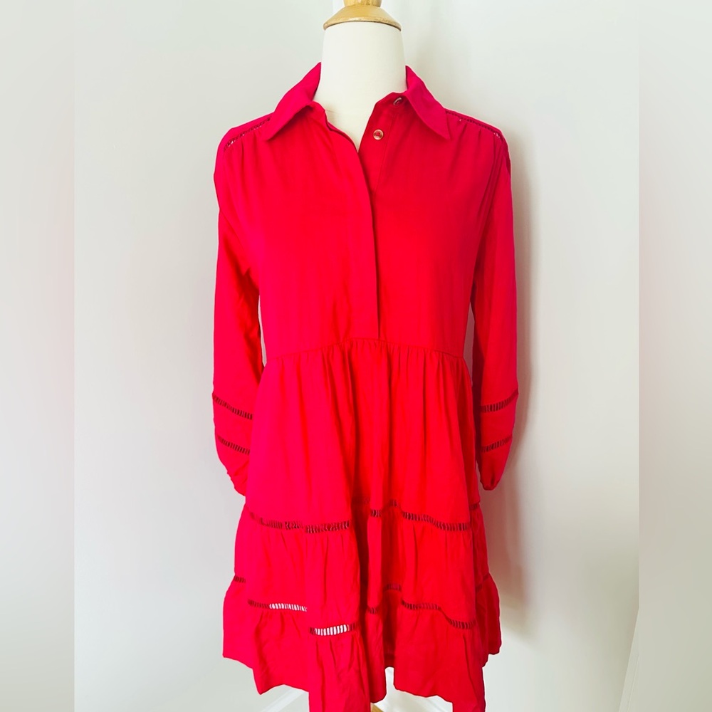 The Bettina Tiered Mini Bold Pink Shirt Dress by Maeve Size XXS